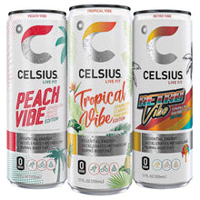 Three Celsius sparkling energy drink cans: Peach Vibe, Tropical, Retro Vibe