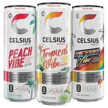 Three Celsius Sparkling Vibe energy drink cans: Peach Vibe, Tropical Vibe, Retro Vibe