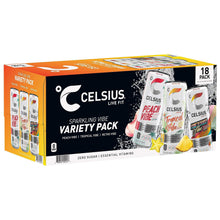 Celsius Sparkling Vibe variety pack box, side view with 18 zero-sugar energy cans