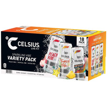 Celsius Sparkling Vibe variety pack box, 18 zero-sugar energy drink cans
