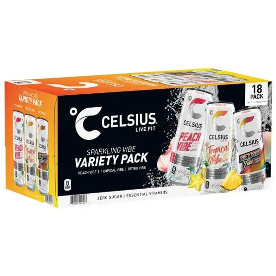 Celsius Sparkling Energy Drink, Vibe Variety Pack, 12 fl oz, 18-count - USA MEGA SHOP