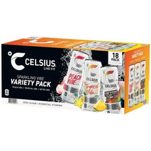 Celsius Live Fit sparkling vibe variety pack box showing 18-pack of assorted cans
