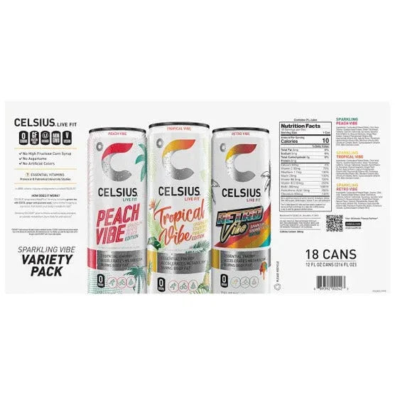 Celsius Sparkling Energy Drink, Vibe Variety Pack, 12 fl oz, 18-count - USA MEGA SHOP
