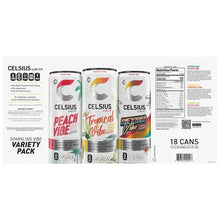Celsius Sparkling Vibe Variety Pack 18 cans back panel with nutrition facts