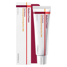 Skincare cream tube with white body, red stripe, and orange accent