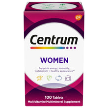 Centrum Women multivitamin box in purple and maroon with Women label and 100 tablets
