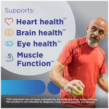 Multivitamin supplement panel with health icons; elderly man in orange polo.