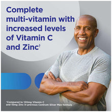 Multivitamin supplement panel with smiling man in gray shirt.