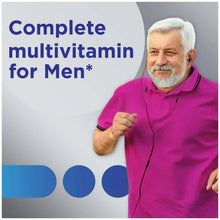 Multivitamin supplement panel with elderly man in purple polo.