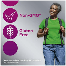 Non-GMO and Gluten Free icons beside a woman in a green shirt and apron