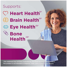 Woman with laptop beside heart, brain, eye, and bone health icons
