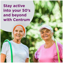 Senior women standing with green straps; multivitamin health promotion graphic