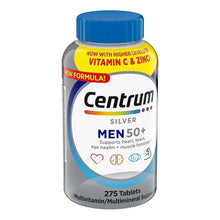 Men's multivitamin supplement bottle with blue cap, Centrum Silver Men 50+ side label