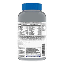 Men's multivitamin supplement bottle with blue cap, back nutrition and ingredient label