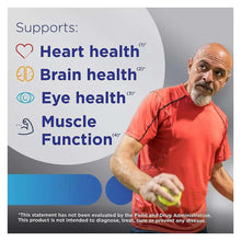 Multivitamin marketing card showing heart, brain, eye and muscle function icons with man