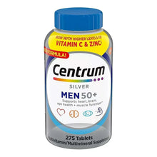 Men's multivitamin supplement bottle with blue cap, Centrum Silver Men 50+ front label