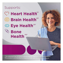 Women 50+ multivitamin benefits panel with icons for heart, brain, eye, bone