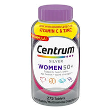 Centrum Silver Women 50+ multivitamin bottle, purple cap, front label, 275 tablets