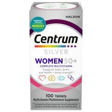 Multivitamin supplement box for women 50+ showing Centrum Silver label and 100 tablets
