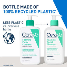 Two CeraVe foaming facial cleanser bottles with green pumps, recycled-plastic packaging