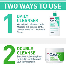 Foaming facial cleanser usage directions graphic with small bottle shown