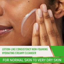 Creamy facial cleanser being massaged on face with hands and foam