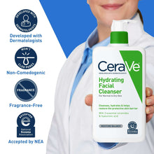CeraVe Hydrating Facial Cleanser bottle with green pump held by clinician