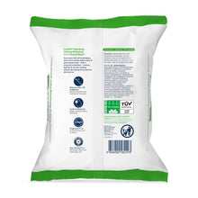 Hydrating makeup remover wipes pouch, white with green trim, back label and icons.