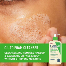 CeraVe hydrating foaming oil cleanser bottle with white pump and green cap; foamy lather on skin