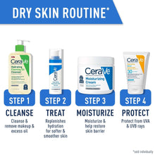 Dry skin routine graphic with steps: cleanse, treat, moisturize, and protect
