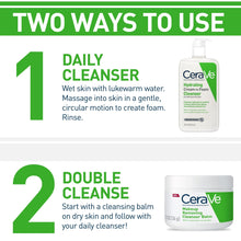 CeraVe hydrating cream-to-foam cleanser bottle and cleansing balm jar on use chart