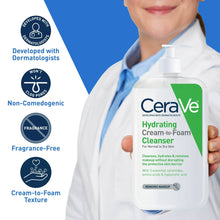 Travel-size cream-to-foam cleanser pump bottle with dermatologist-developed, fragrance-free icons
