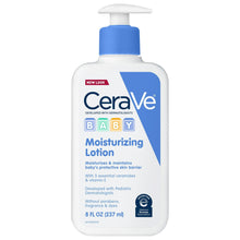 Baby moisturizing lotion pump bottle, white and blue, with CeraVe Baby label