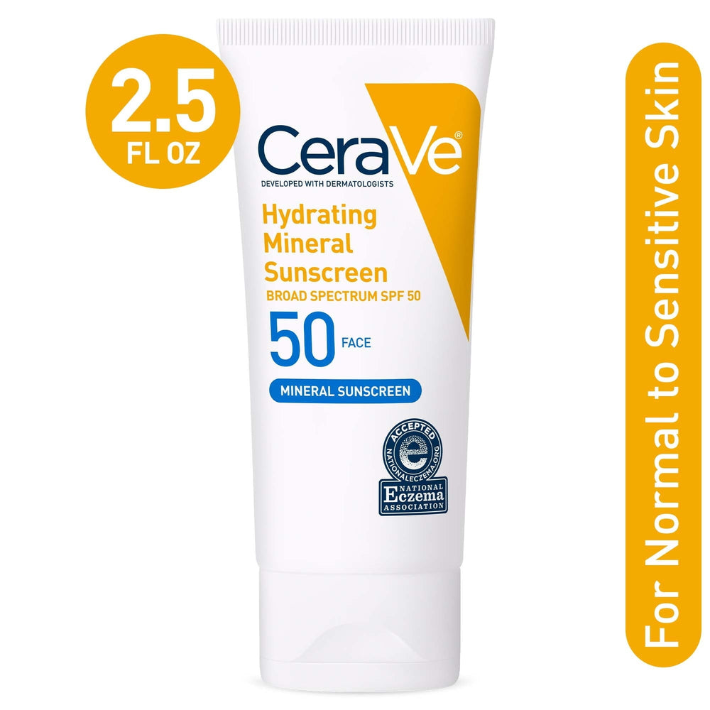 CeraVe Hydrating Mineral Sunscreen SPF 50 face lotion, 2.5 fl oz for sensitive skin