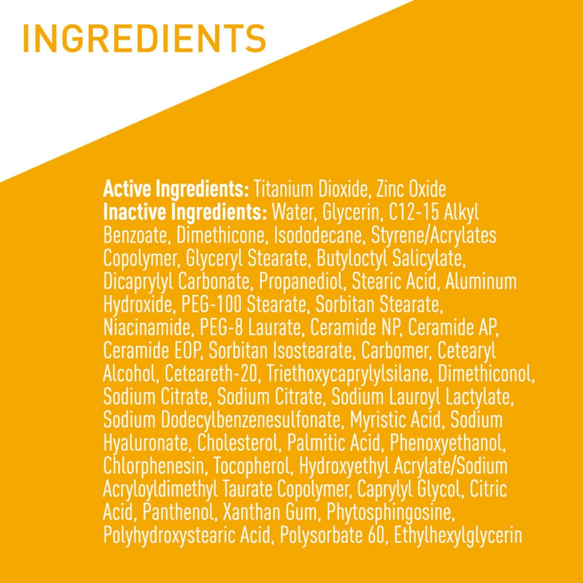 Sunscreen ingredients panel listing active ingredients and ceramides