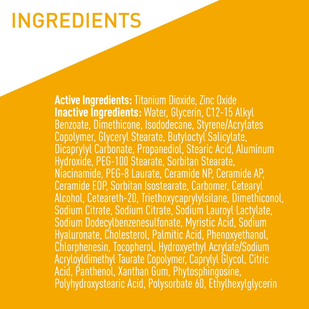 Sunscreen ingredients panel listing active ingredients and ceramides