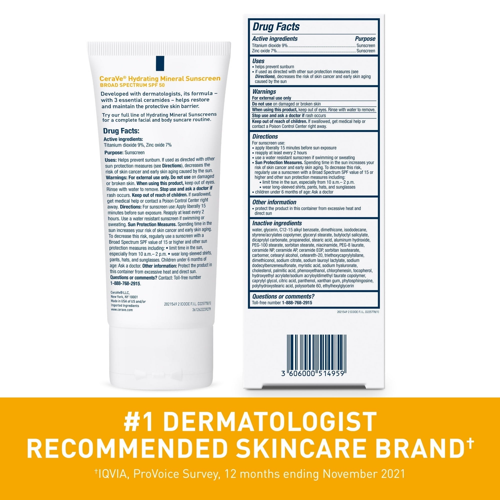 CeraVe Hydrating Mineral Sunscreen SPF 50 tube with drug facts back panel