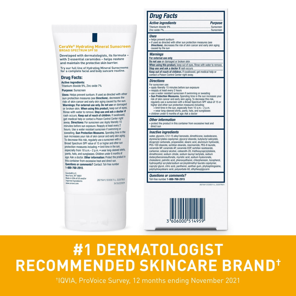 CeraVe Hydrating Mineral Sunscreen SPF 50 tube with drug facts back panel