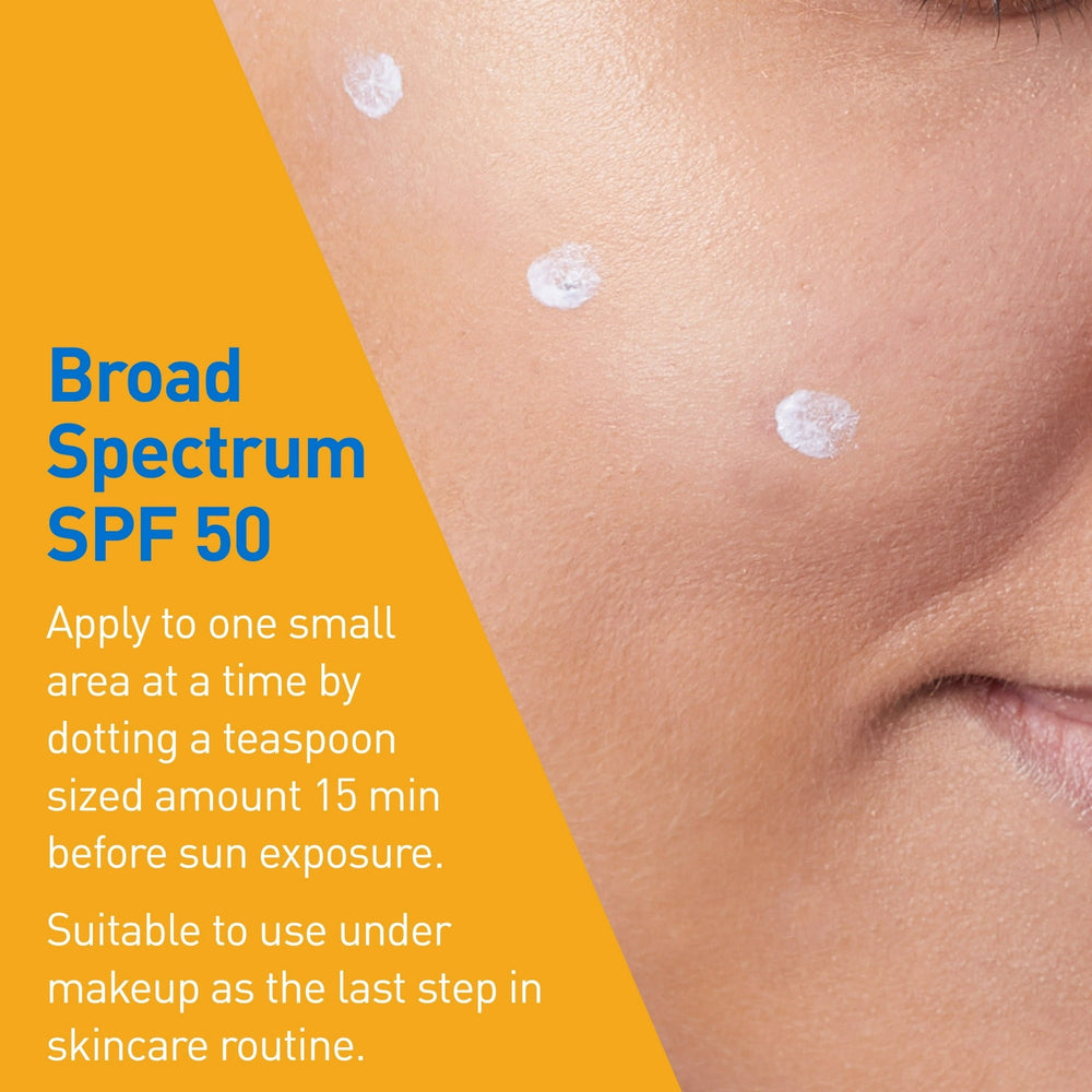 Hydrating mineral sunscreen SPF 50 shown as small white dots on face skin