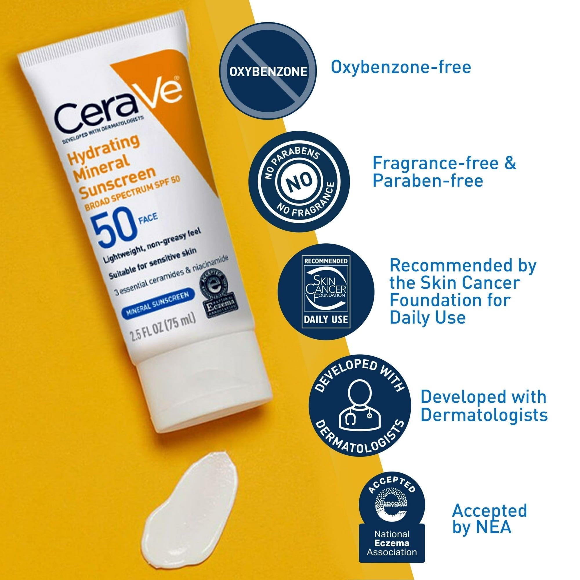 Sunscreen tube with badges: oxybenzone-free, fragrance-free, paraben-free