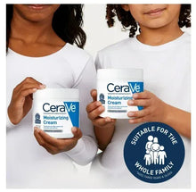 CeraVe Moisturizing Cream jar held by two people, white and blue label
