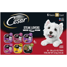 Cesar Steak Lovers wet dog food variety pack box showing 6 flavors and 36 count