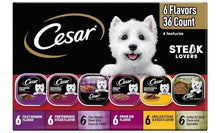 Cesar wet dog food steak lovers variety pack, 36-count 3.5 oz cans on box