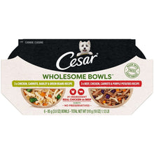 Cesar Wholesome Bowls wet dog food package with chicken, carrots, barley and green beans
