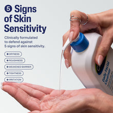 Facial cleanser bottle dispensing onto hands, with visible lather