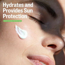White moisturizer applied to cheek, tube-style skincare concept with sun-protection text