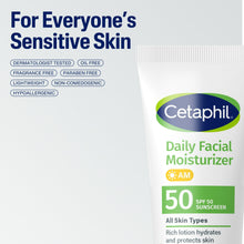 Cetaphil daily facial moisturizer SPF 50 box and tube corner, sensitive-skin icons