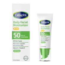 Cetaphil daily facial moisturizer SPF 50 box and tube set, green all-skin label