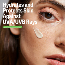 White facial lotion applied to cheek near eye; model shown with protective text overlay