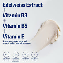 Facial lotion smear on card with ingredient headings: Edelweiss Extract and vitamins